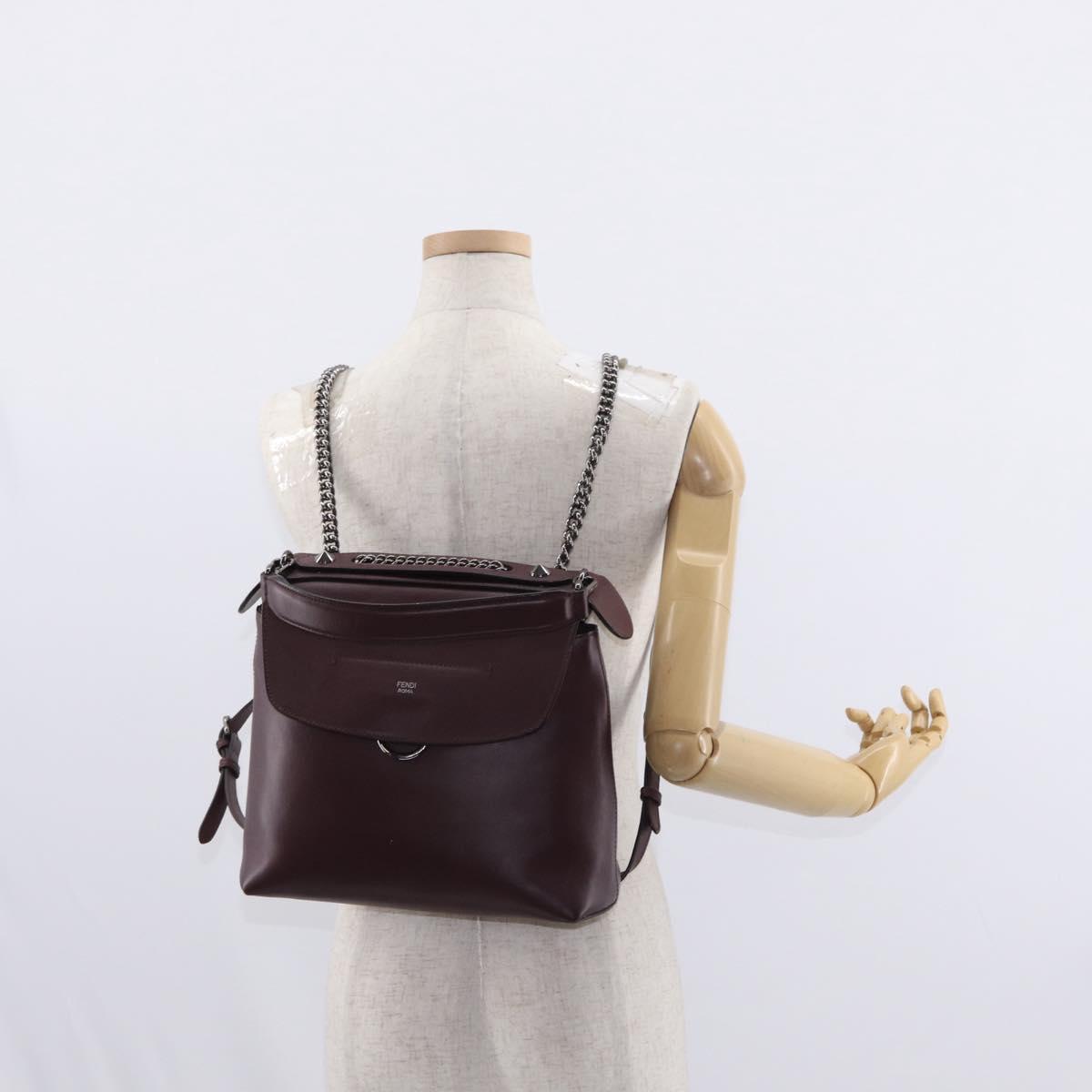 FENDI Back To School Backpack Leather 2way Bordeaux Silver Auth 148468