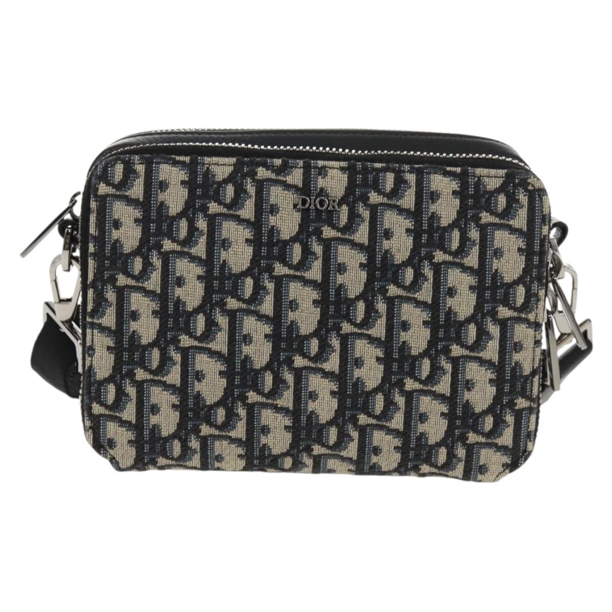 Christian Dior Trotter Canvas Oblique Shoulder Bag Navy Silver Auth 148526M