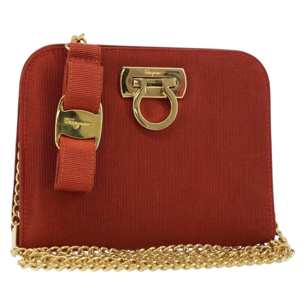 Salvatore Ferragamo Chain Shoulder Bag Nylon Red Gold Auth 148536
