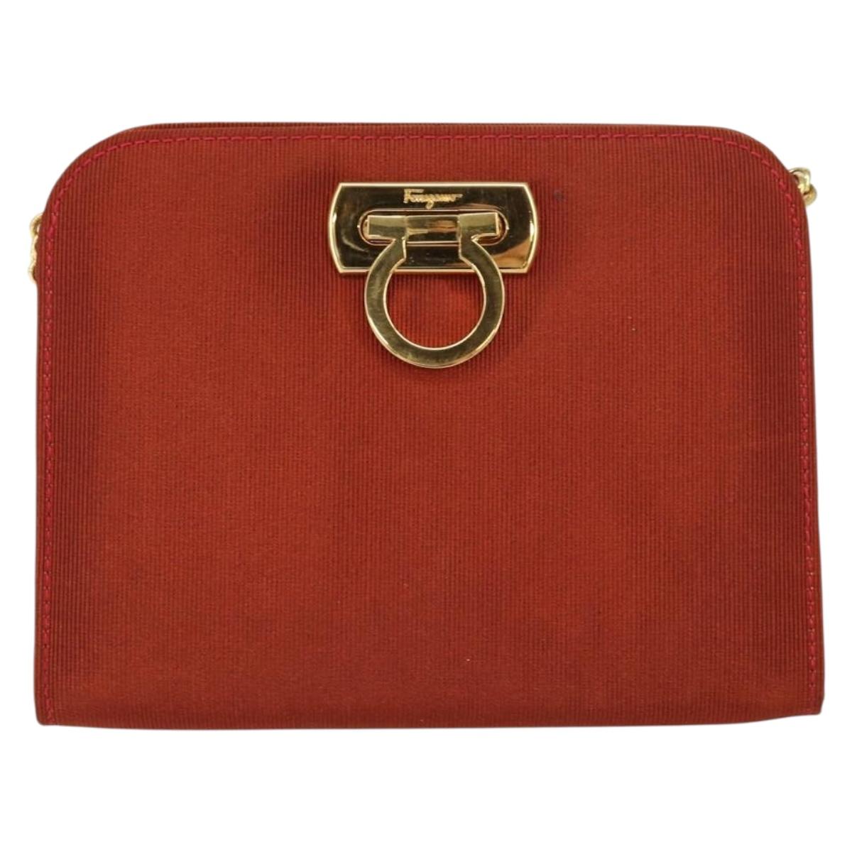 Salvatore Ferragamo Chain Shoulder Bag Nylon Red Gold Auth 148536