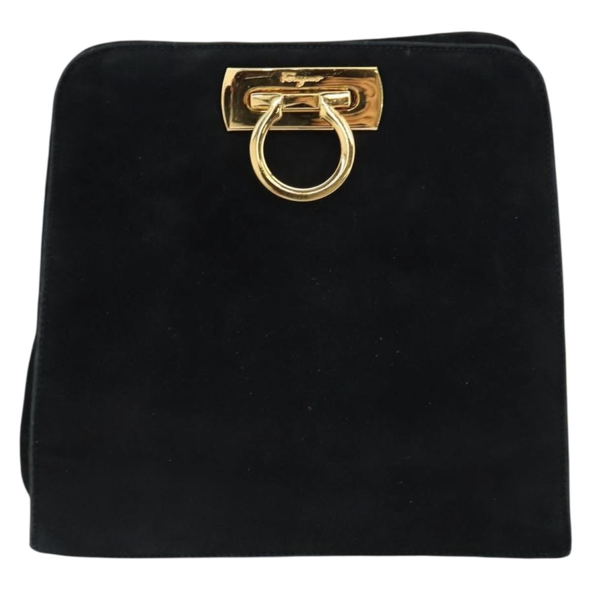 Salvatore Ferragamo Chain Gancini Shoulder Bag Suede Black Gold Auth 148567