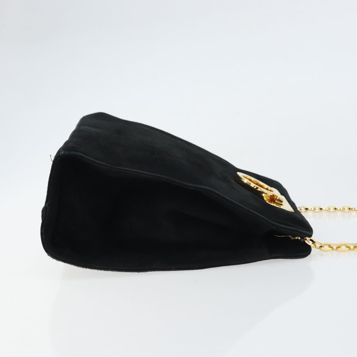 Salvatore Ferragamo Chain Gancini Shoulder Bag Suede Black Gold Auth 148567