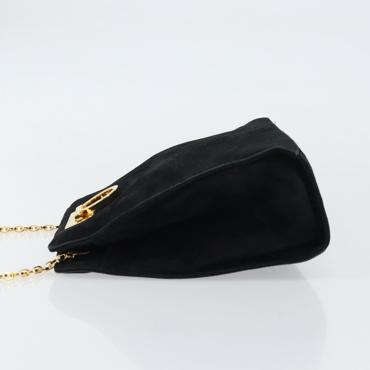Salvatore Ferragamo Chain Gancini Shoulder Bag Suede Black Gold Auth 148567