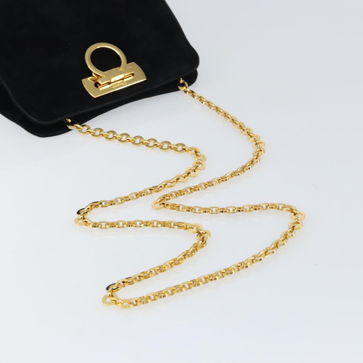 Salvatore Ferragamo Chain Gancini Shoulder Bag Suede Black Gold Auth 148567