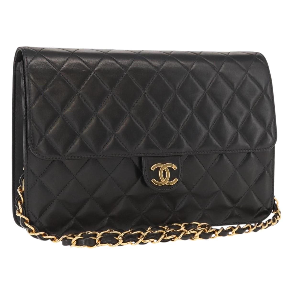 CHANEL Matelasse 25 Chain Shoulder Bag Lamb Skin Black Gold CC Auth 148589SM