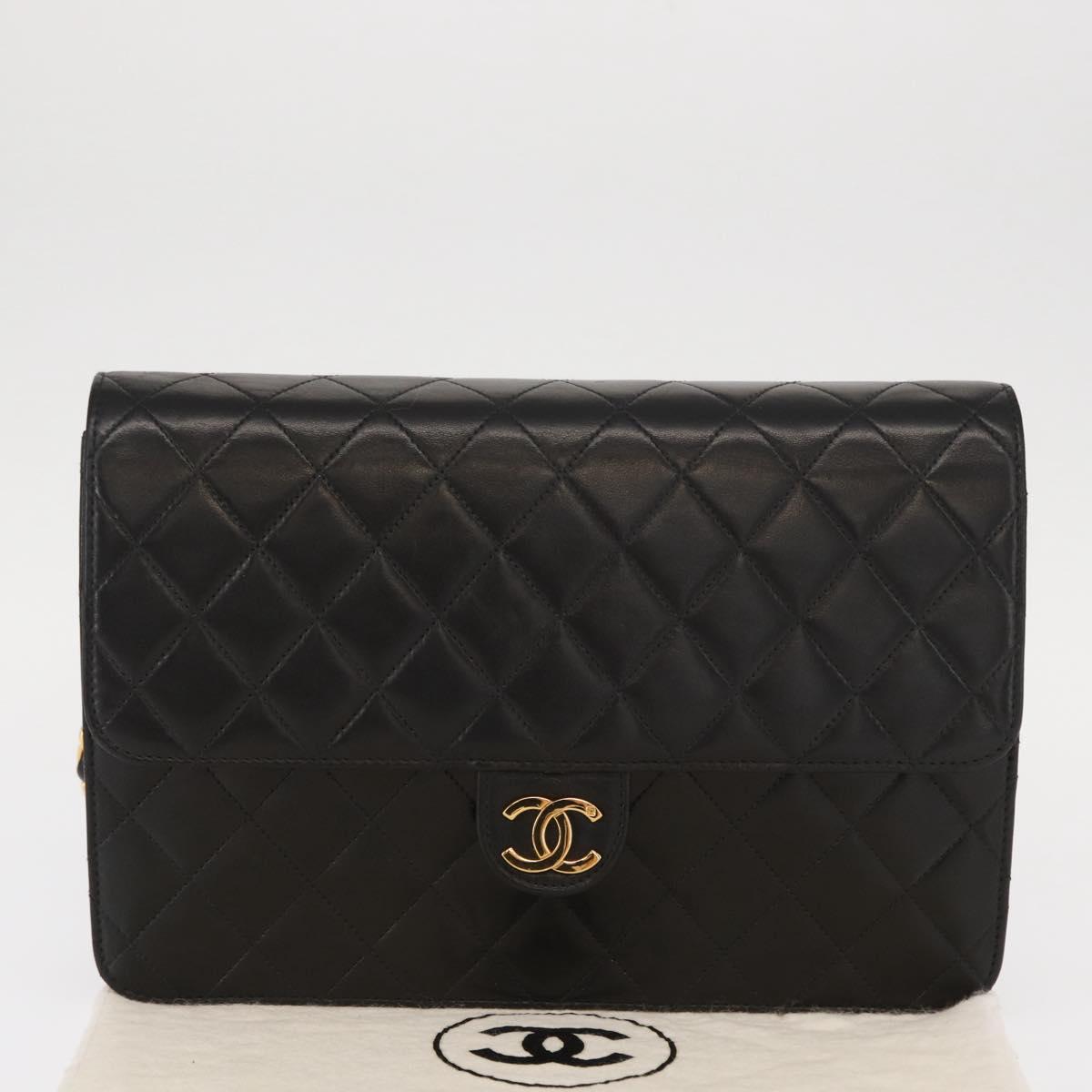 CHANEL Matelasse 25 Chain Shoulder Bag Lamb Skin Black Gold CC Auth 148589SM