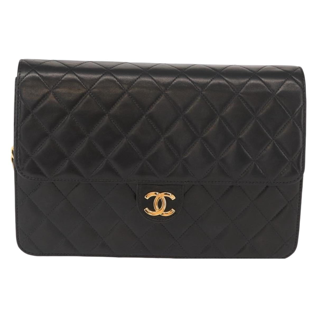 CHANEL Matelasse 25 Chain Shoulder Bag Lamb Skin Black Gold CC Auth 148589SM
