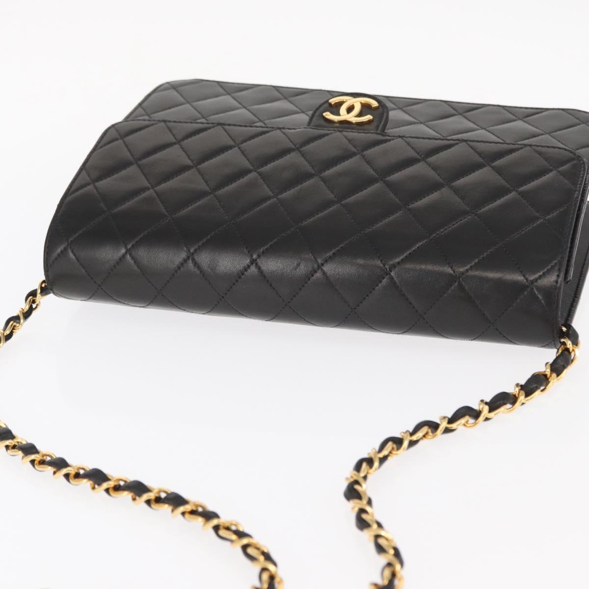 CHANEL Matelasse 25 Chain Shoulder Bag Lamb Skin Black Gold CC Auth 148589SM