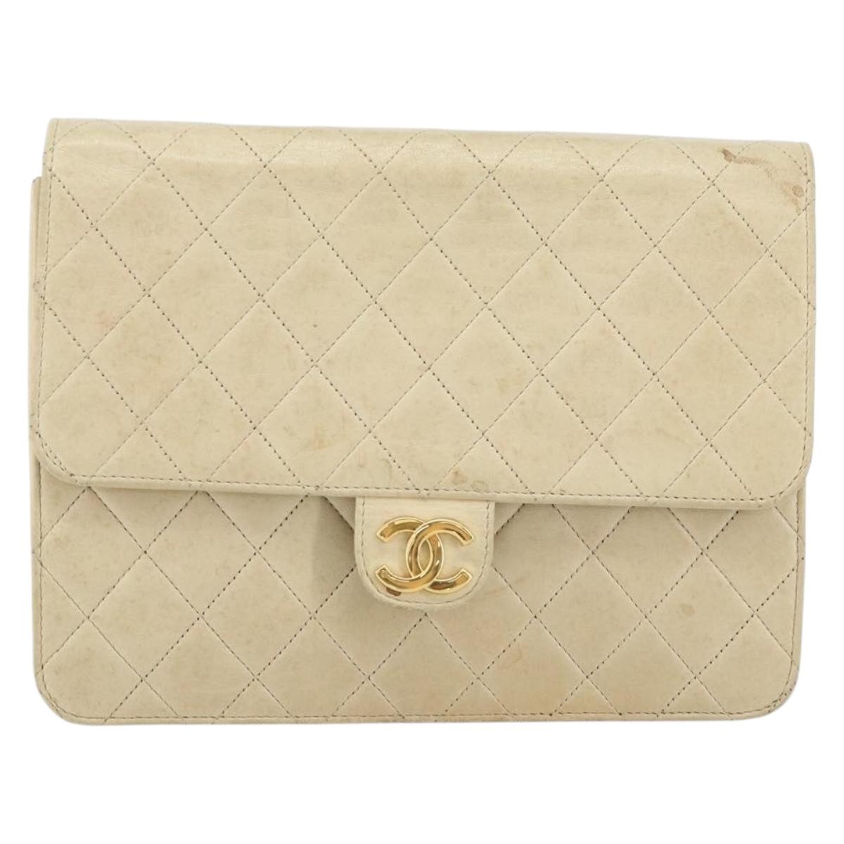 CHANEL Chain Shoulder Bag Lamb Skin Beige Gold CC Auth 148650