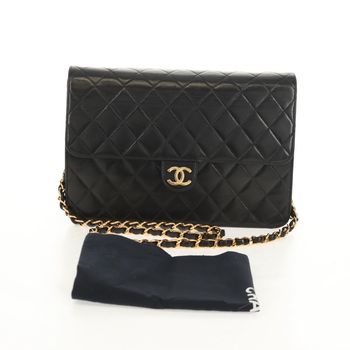 CHANEL Chain Shoulder Bag Lamb Skin Black Gold CC Auth 148654AM