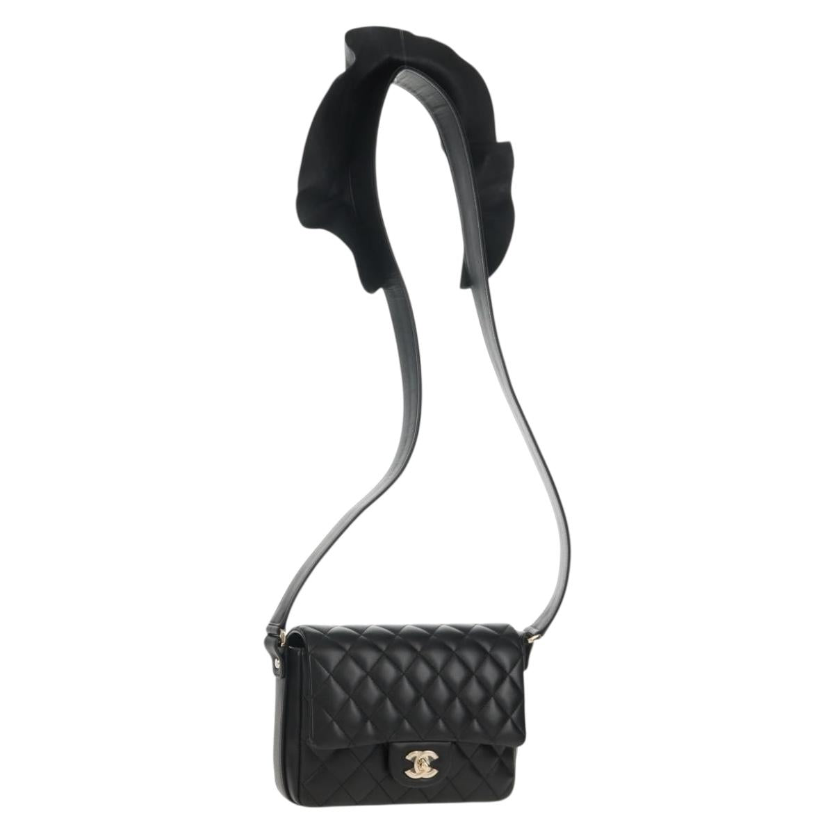 CHANEL Shoulder Bag Lamb Skin Black Gold CC Auth 148655SM