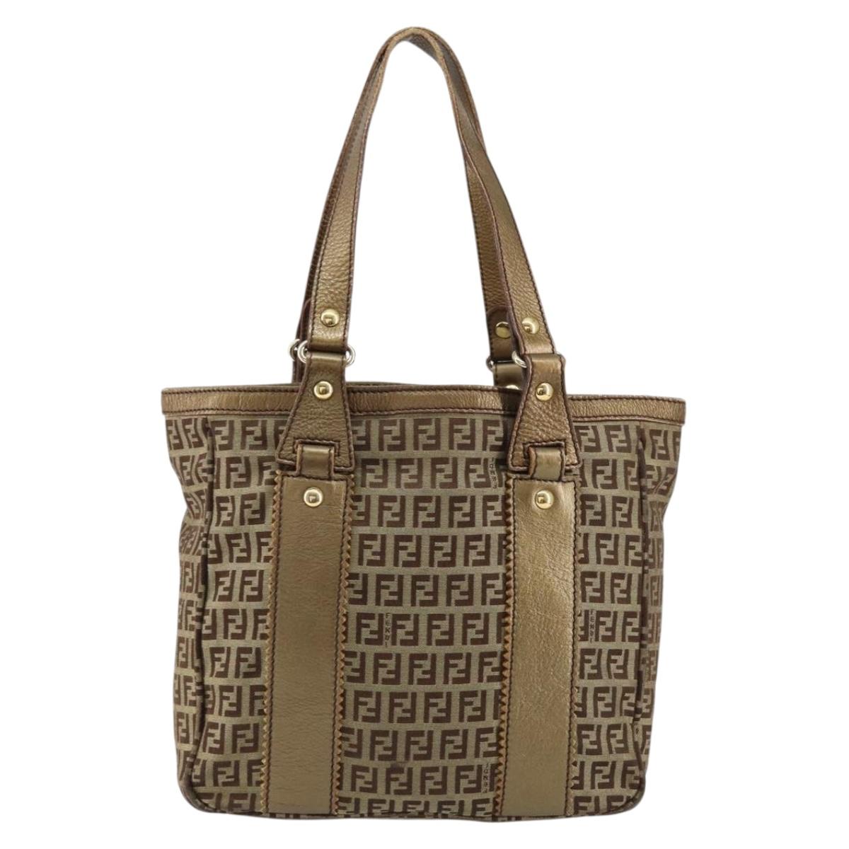 FENDI Zucchino Canvas Hand Bag Beige Black gold Auth 148659