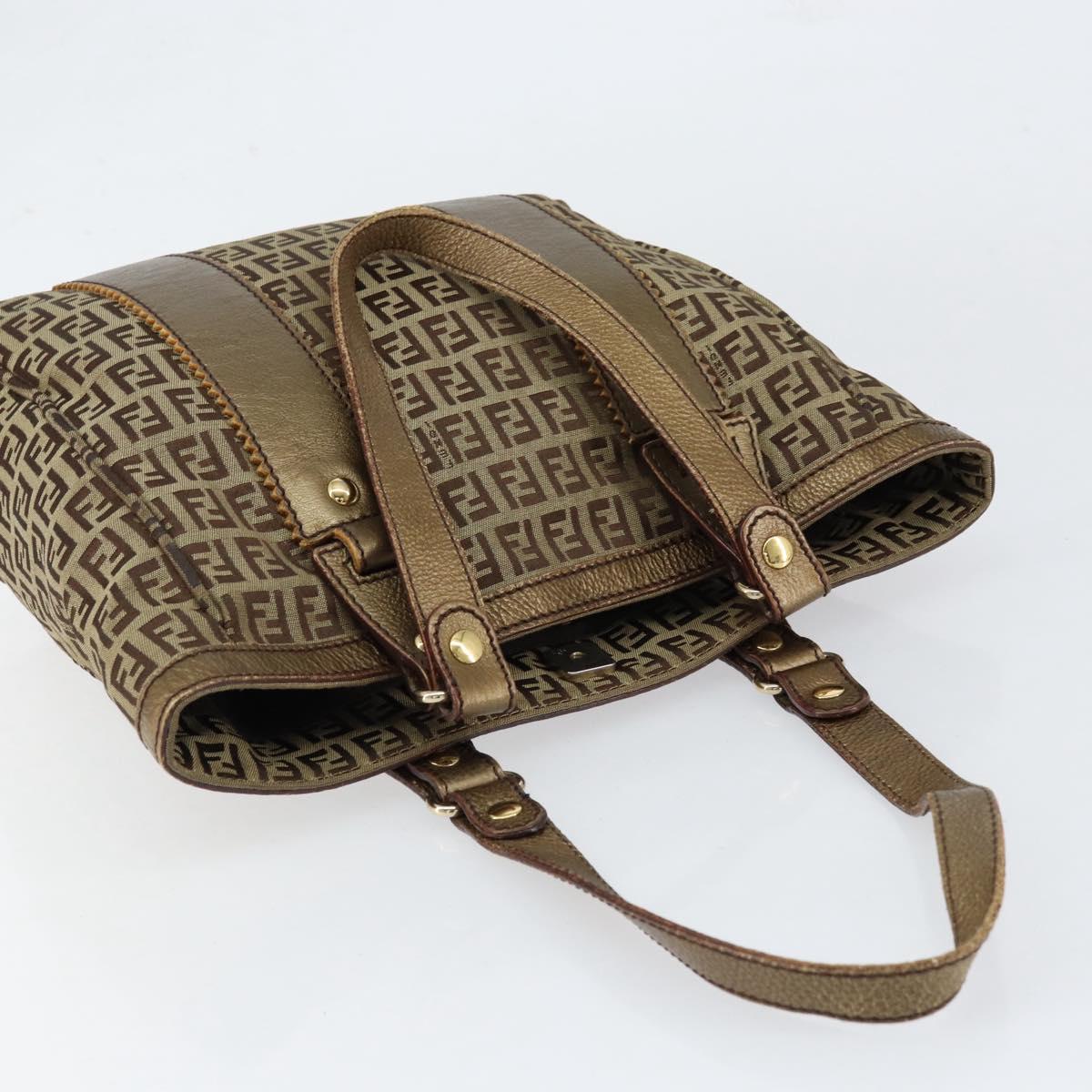 FENDI Zucchino Canvas Hand Bag Beige Black gold Auth 148659