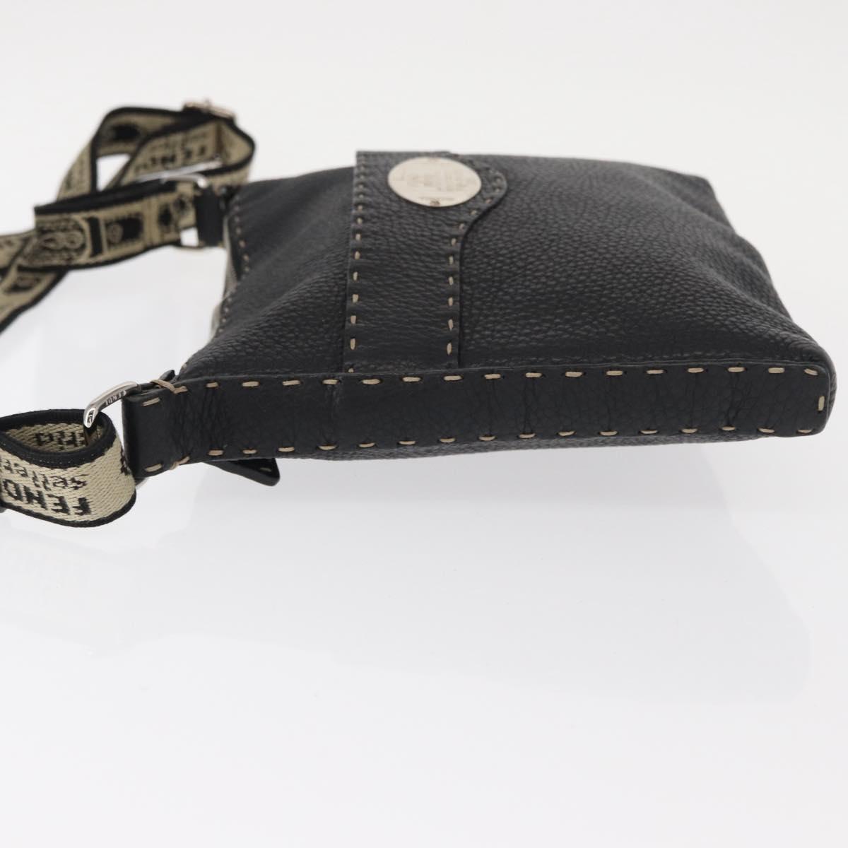 FENDI Shoulder Bag Leather Black Silver Auth 148664