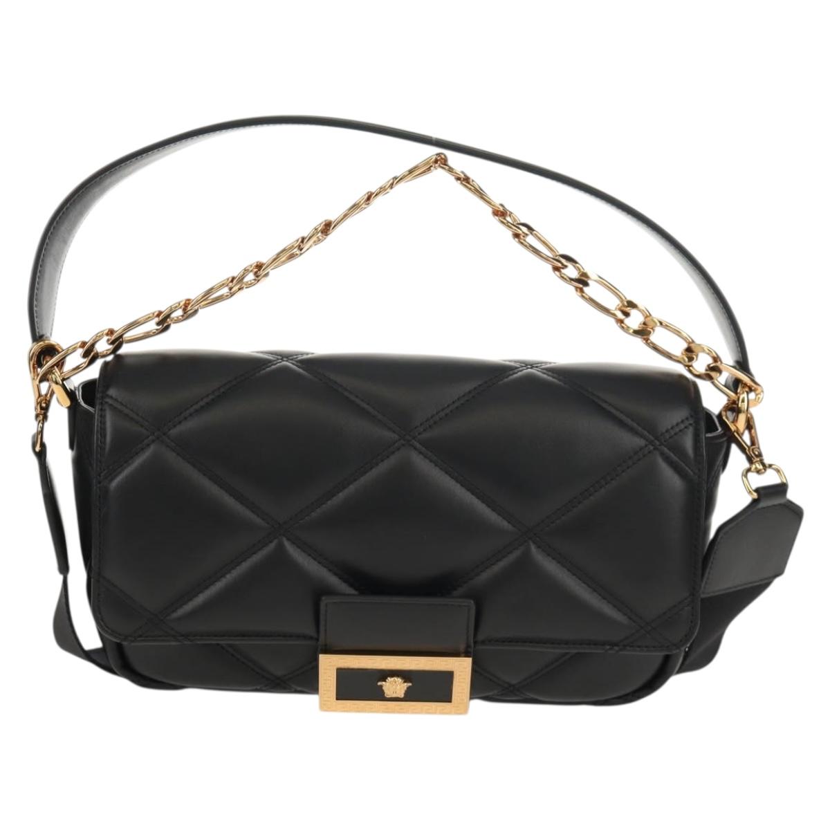 VERSACE Shoulder Bag Leather Black Gold Auth 148667V