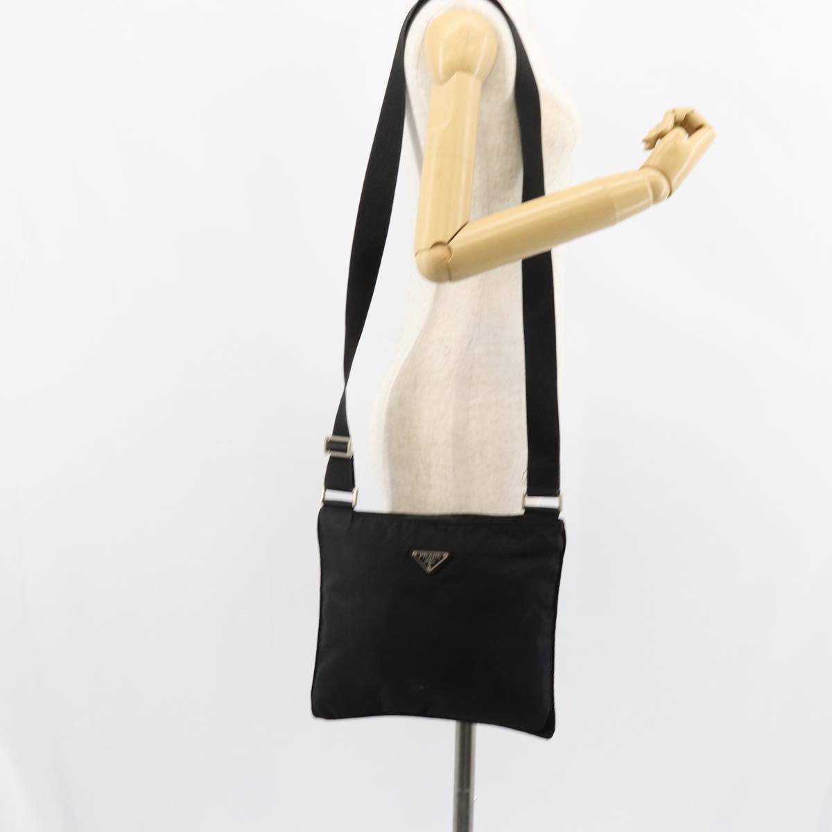 PRADA Shoulder Bag Nylon Black Silver Auth 148676