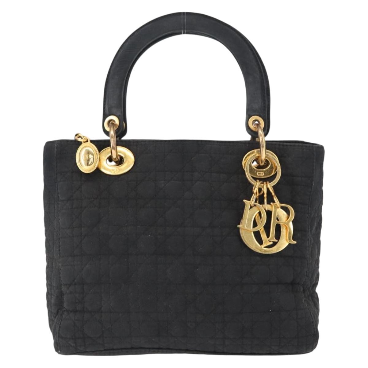 Christian Dior Canage Lady Dior Hand Bag Nylon Black Gold Auth 148681