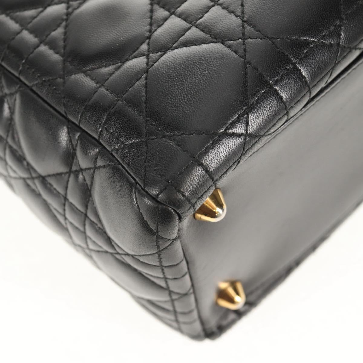 Christian Dior Canage Lady Dior Hand Bag Lamb Skin 2way Black Gold Auth 148689V