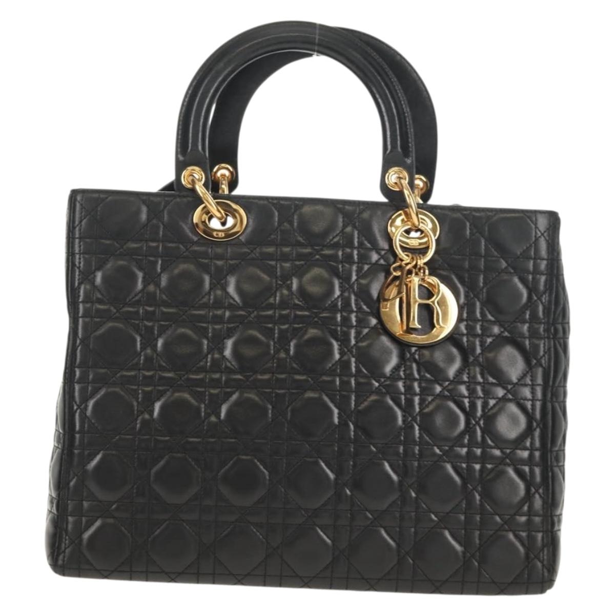 Christian Dior Canage Lady Dior Hand Bag Lamb Skin 2way Black Gold Auth 148689V