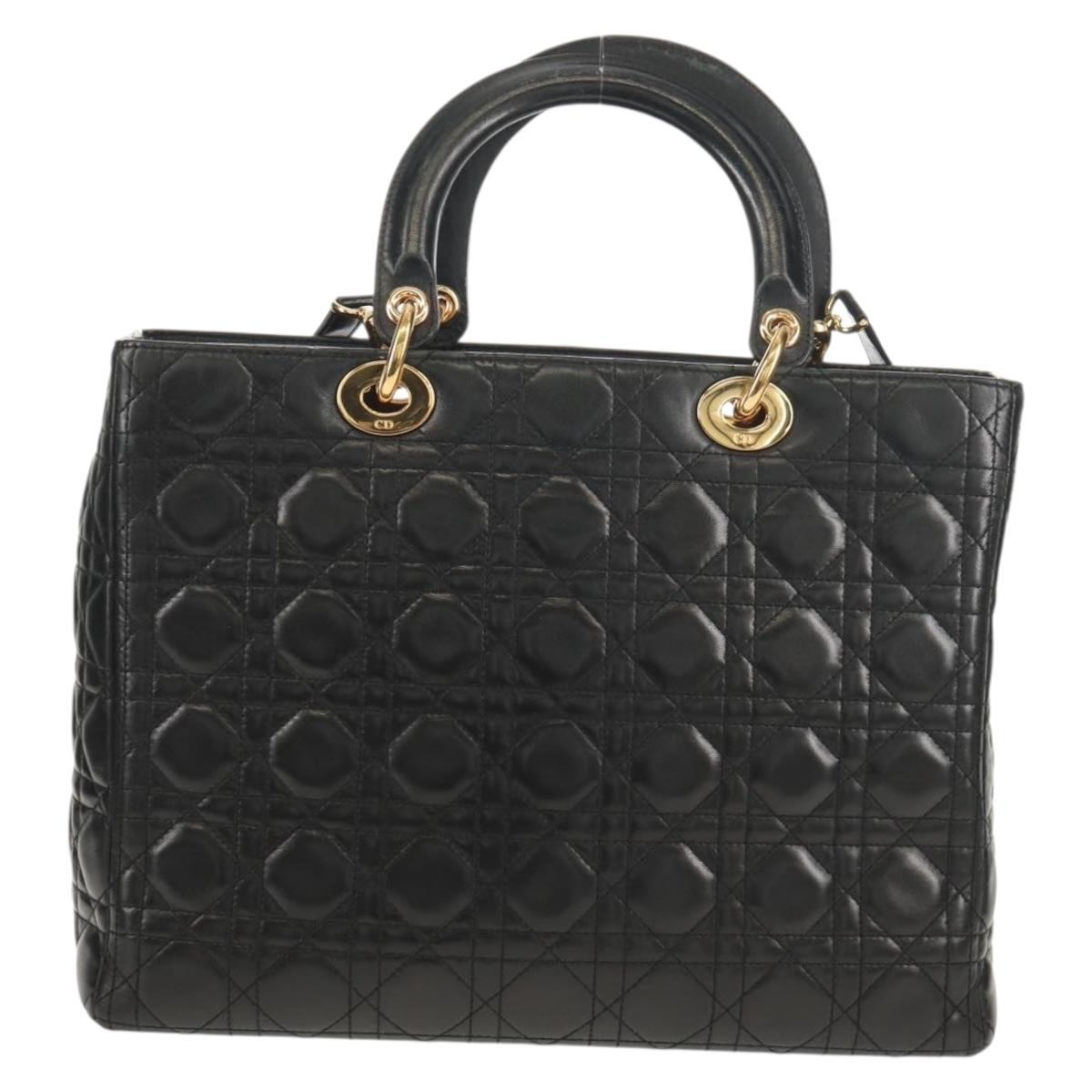 Christian Dior Canage Lady Dior Hand Bag Lamb Skin 2way Black Gold Auth 148689V