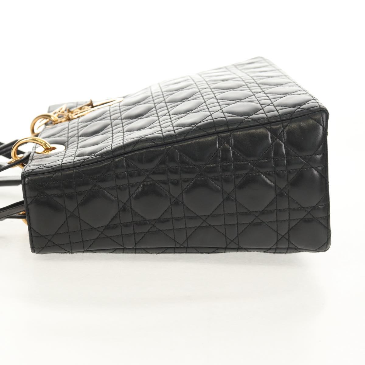 Christian Dior Canage Lady Dior Hand Bag Lamb Skin 2way Black Gold Auth 148689V