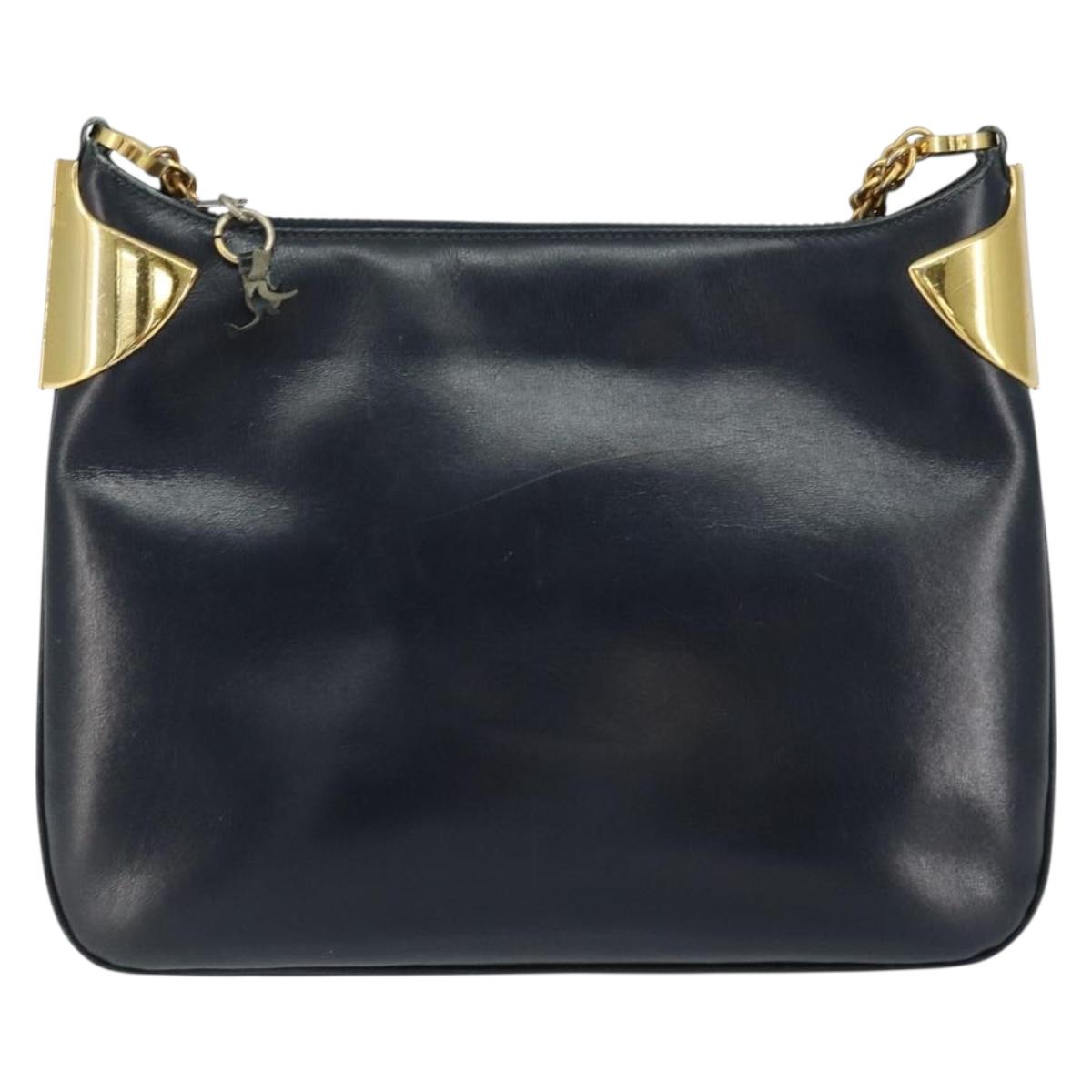 Old GUCCI Chain Shoulder Bag Leather Black Gold Auth 148693