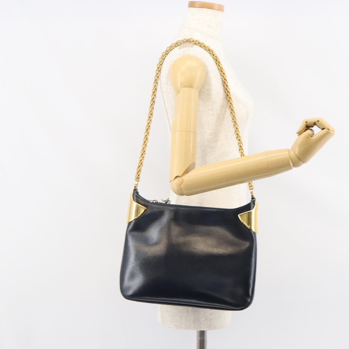 Old GUCCI Chain Shoulder Bag Leather Black Gold Auth 148693