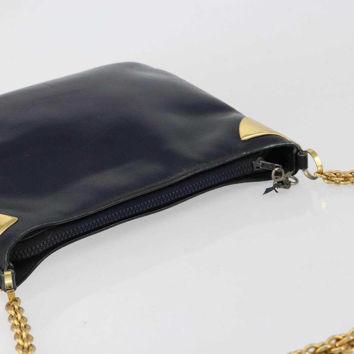 Old GUCCI Chain Shoulder Bag Leather Black Gold Auth 148693