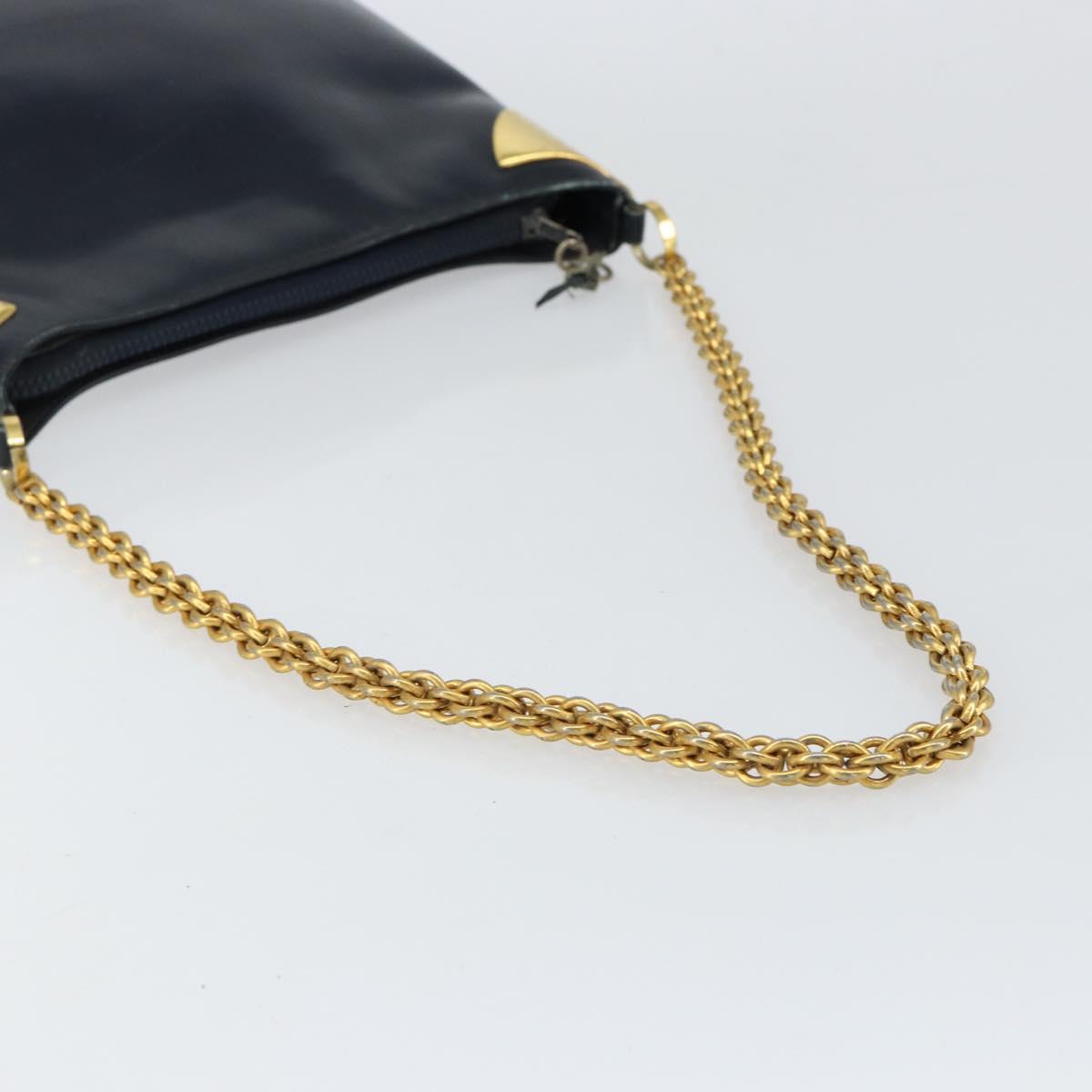 Old GUCCI Chain Shoulder Bag Leather Black Gold Auth 148693