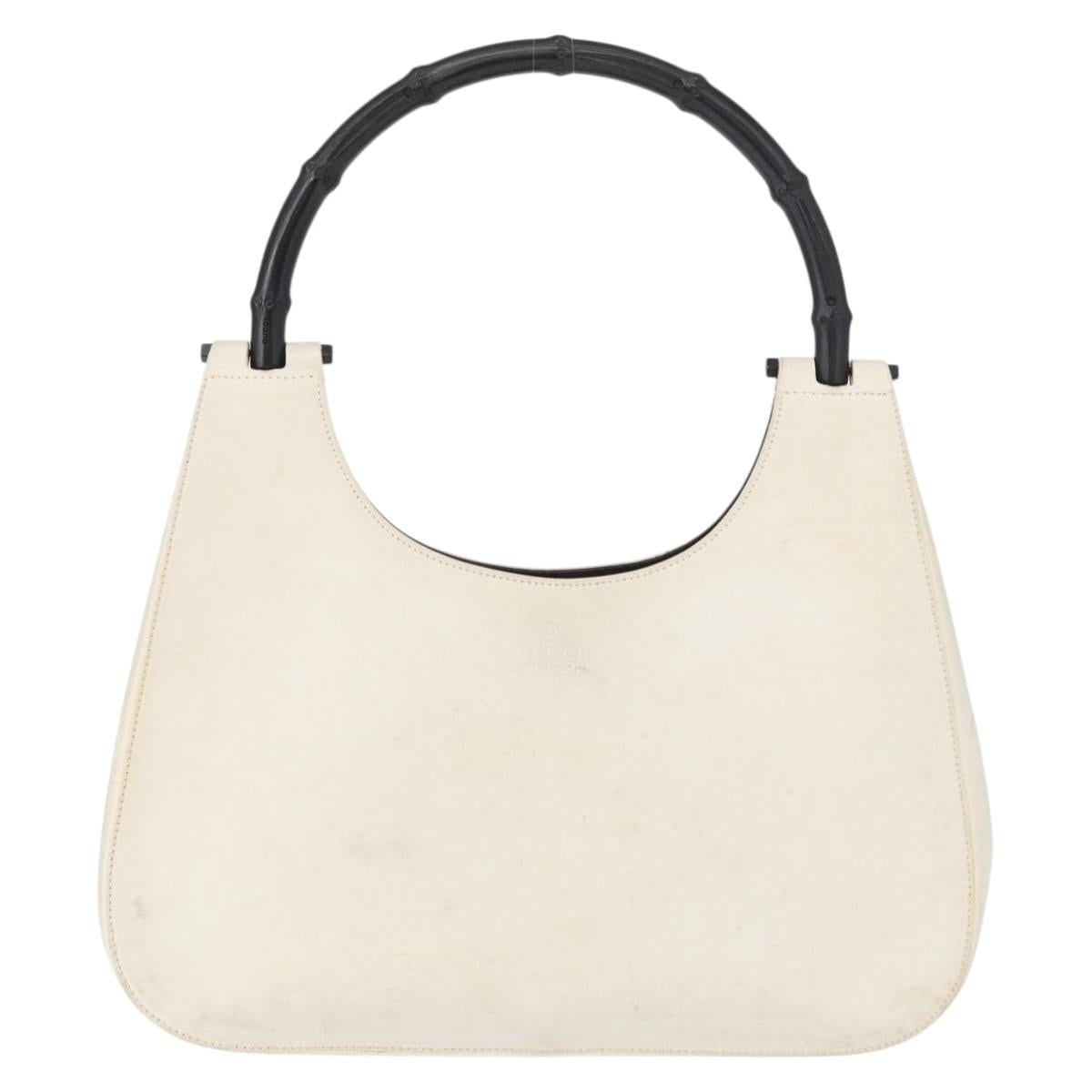 GUCCI Bamboo Shoulder Bag Leather White Silver 001 3739 Auth 148696
