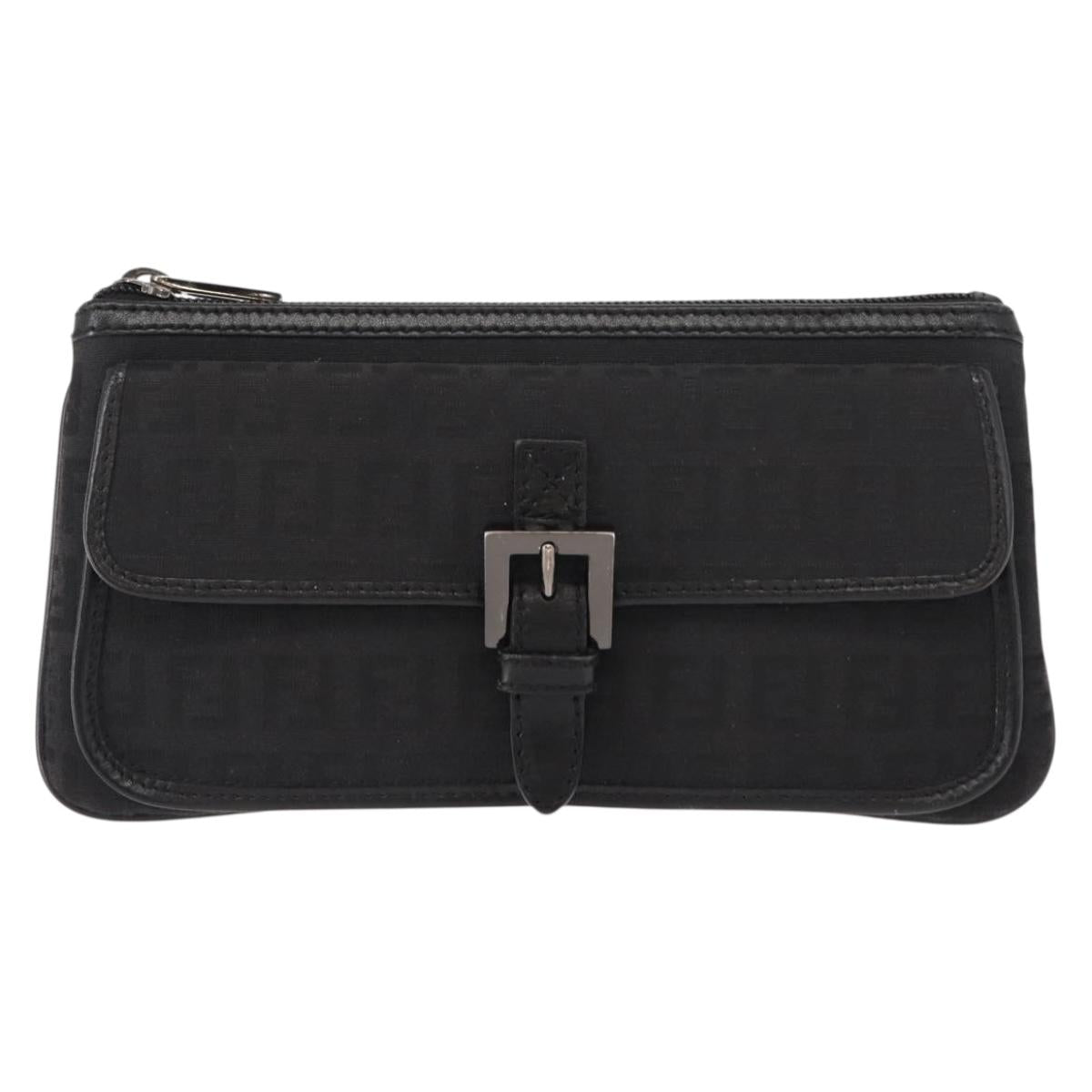 FENDI Zucchino Canvas Pouch Black Silver Auth 148781V