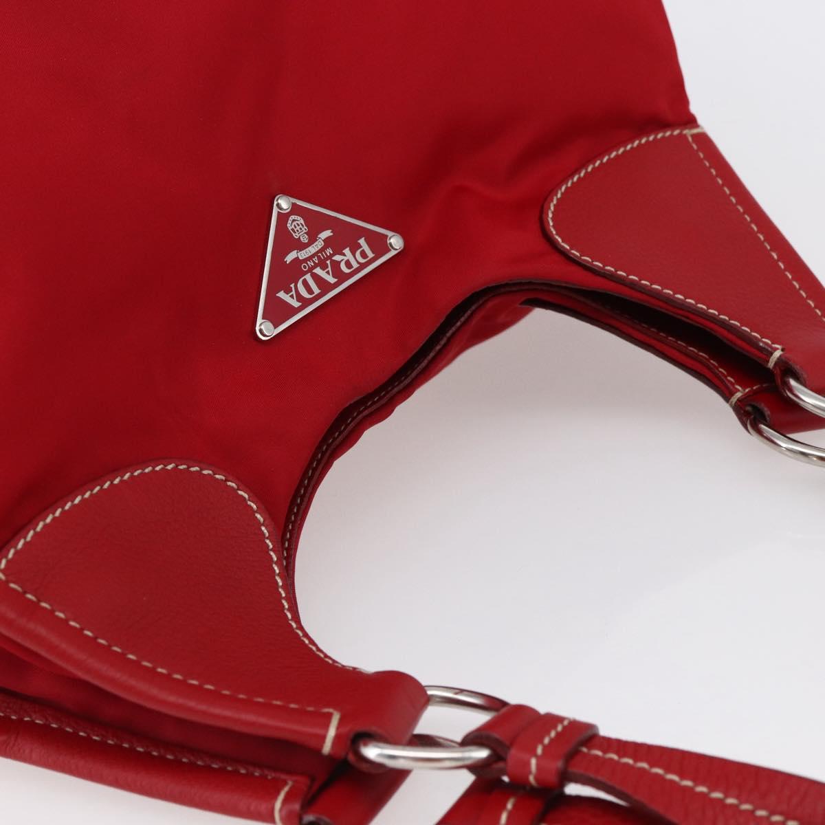 PRADA Shoulder Bag Nylon Leather Red Silver Auth 148785V