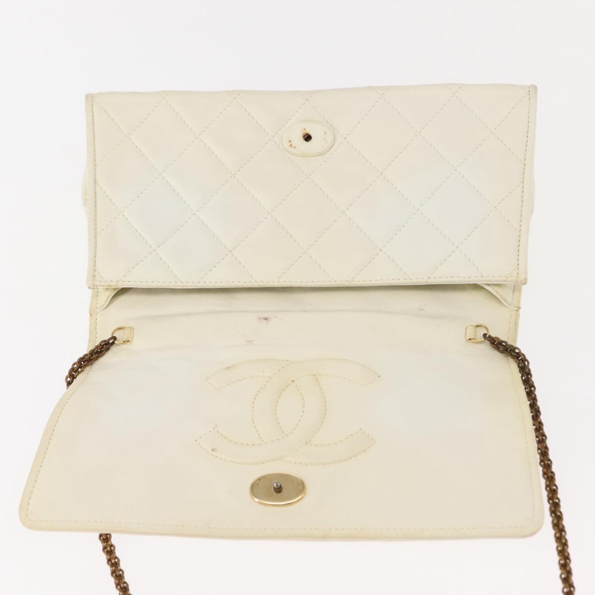 CHANEL Matelasse Chain Shoulder Bag Lamb Skin White Gold CC Auth 148797