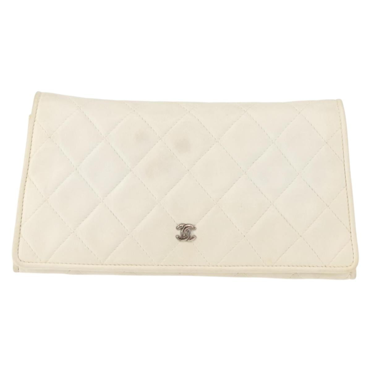 CHANEL Matelasse Chain Shoulder Bag Lamb Skin White Gold CC Auth 148797