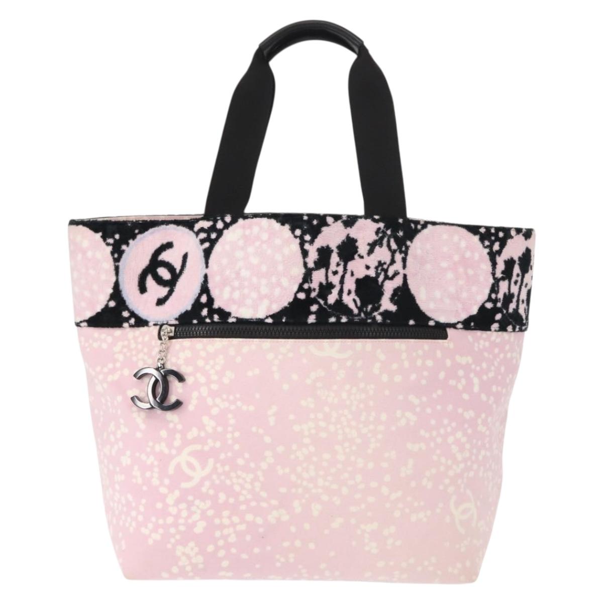 CHANEL High Summer Tote Bag Canvas Pink Silver CC Auth 148799
