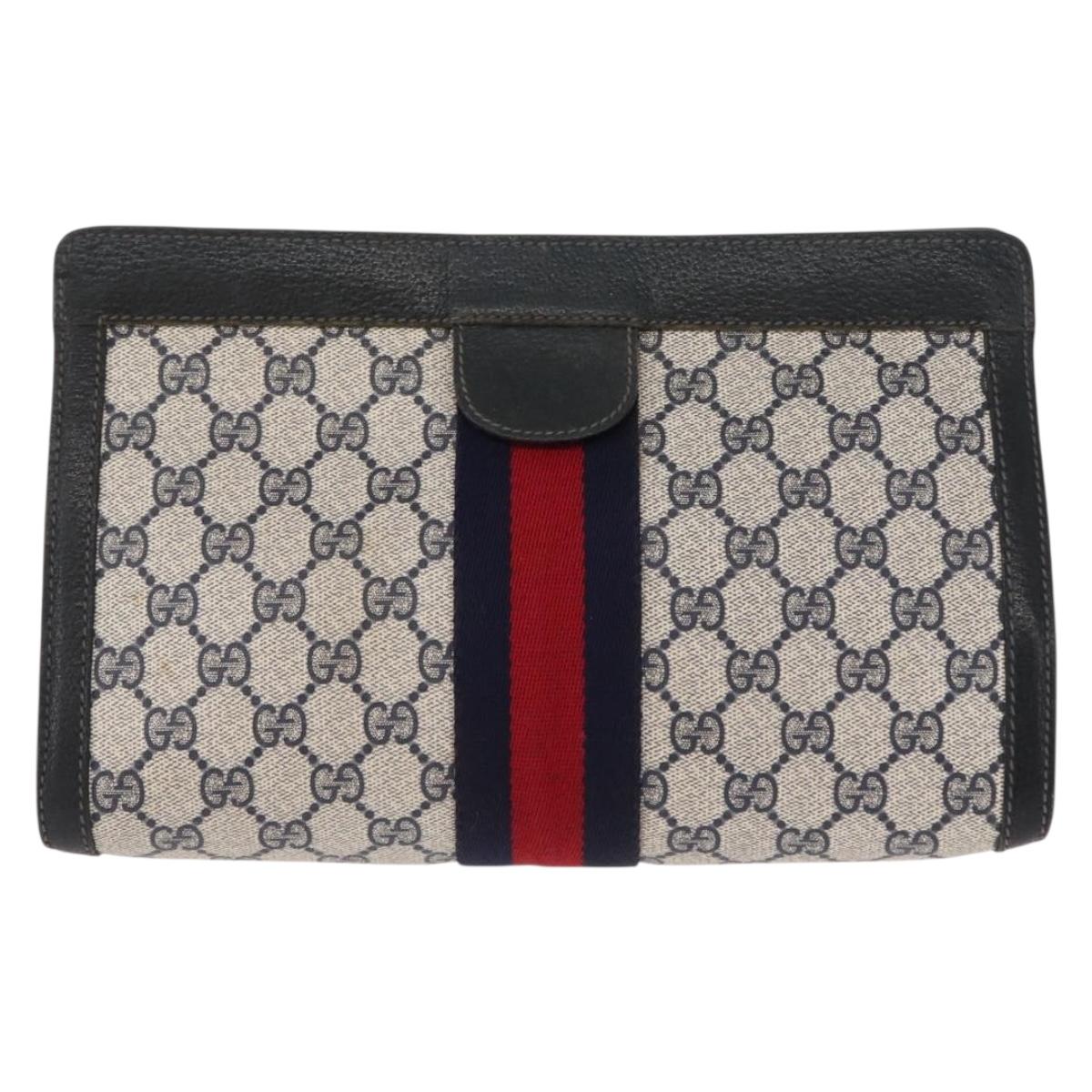 GUCCI GG Supreme Sherry Line Clutch Bag PVC Navy Red 67 014 2125 Auth 148805