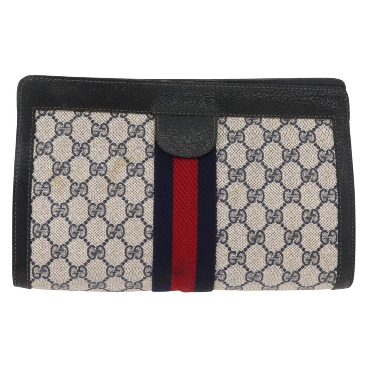 GUCCI GG Supreme Sherry Line Clutch Bag PVC Navy Red 67 014 2125 Auth 148805