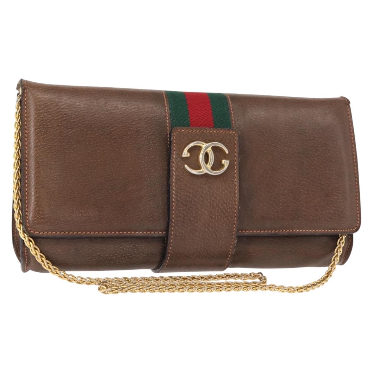 GUCCI Web Sherry Line Chain Shoulder Bag Leather Vintage Brown Gold Auth 148829