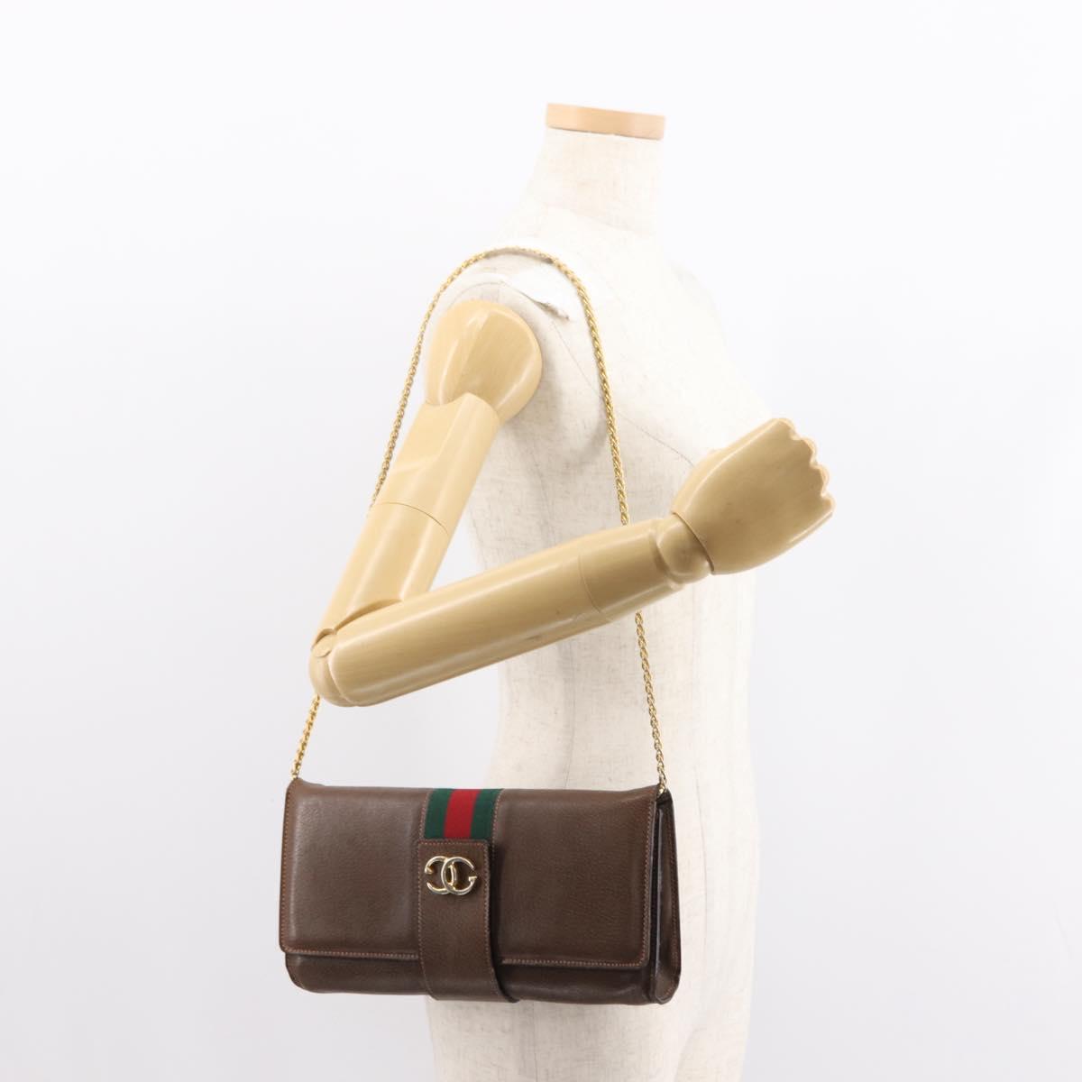 GUCCI Web Sherry Line Chain Shoulder Bag Leather Vintage Brown Gold Auth 148829