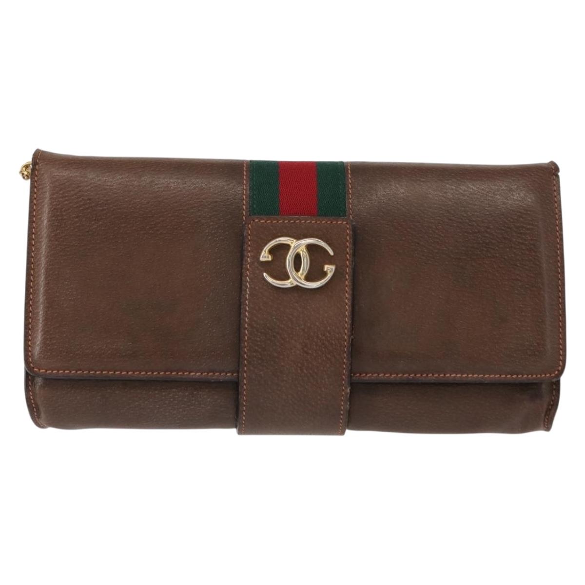 GUCCI Web Sherry Line Chain Shoulder Bag Leather Vintage Brown Gold Auth 148829