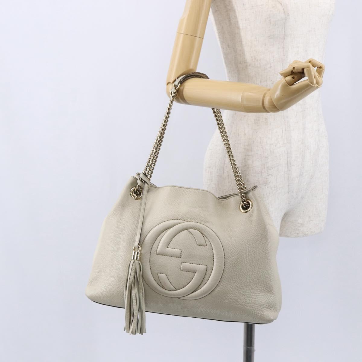 GUCCI Chain Soho Shoulder Bag Leather White Gold 308982 Auth 148838