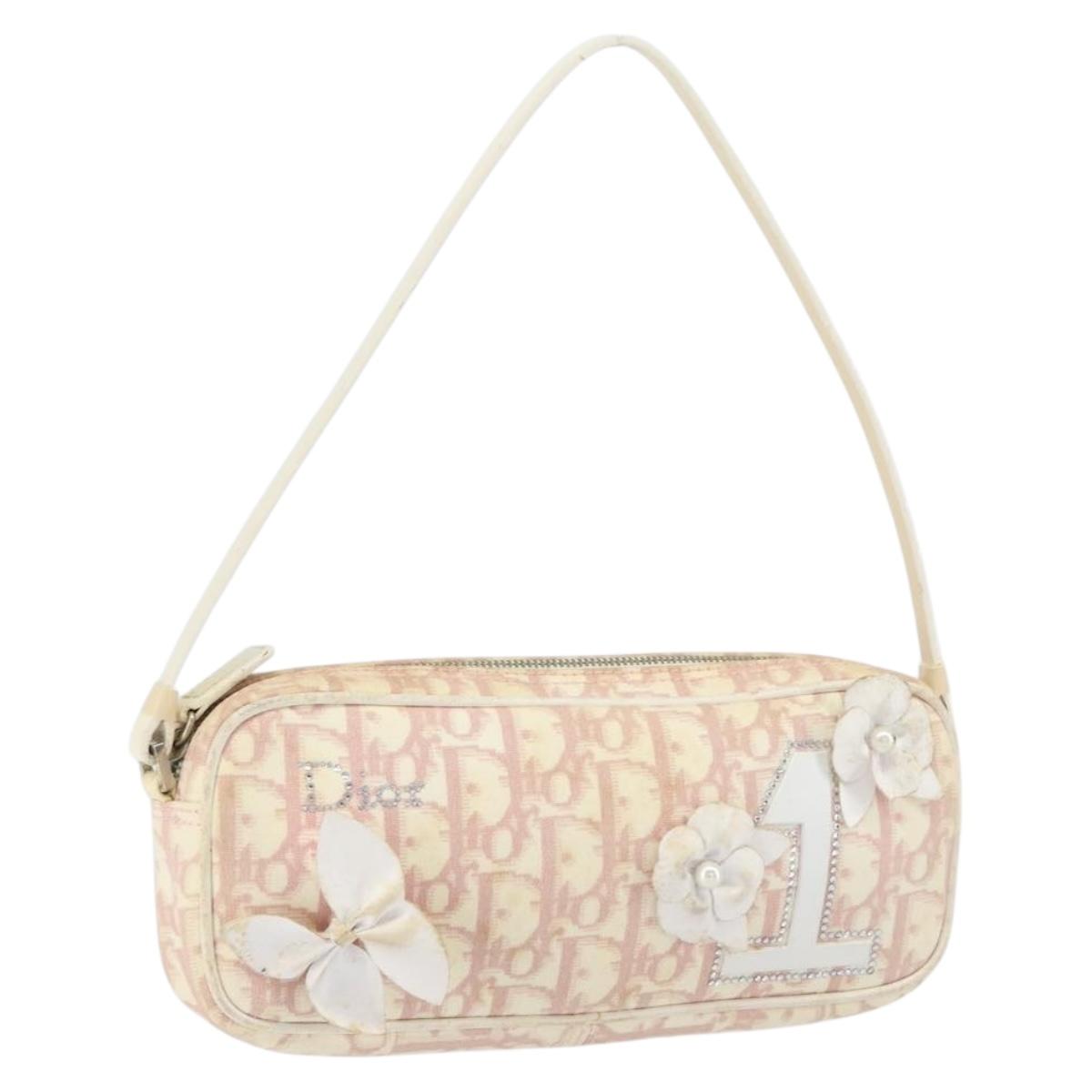 Christian Dior Trotter Canvas Shoulder Bag Pink Silver Auth 148874