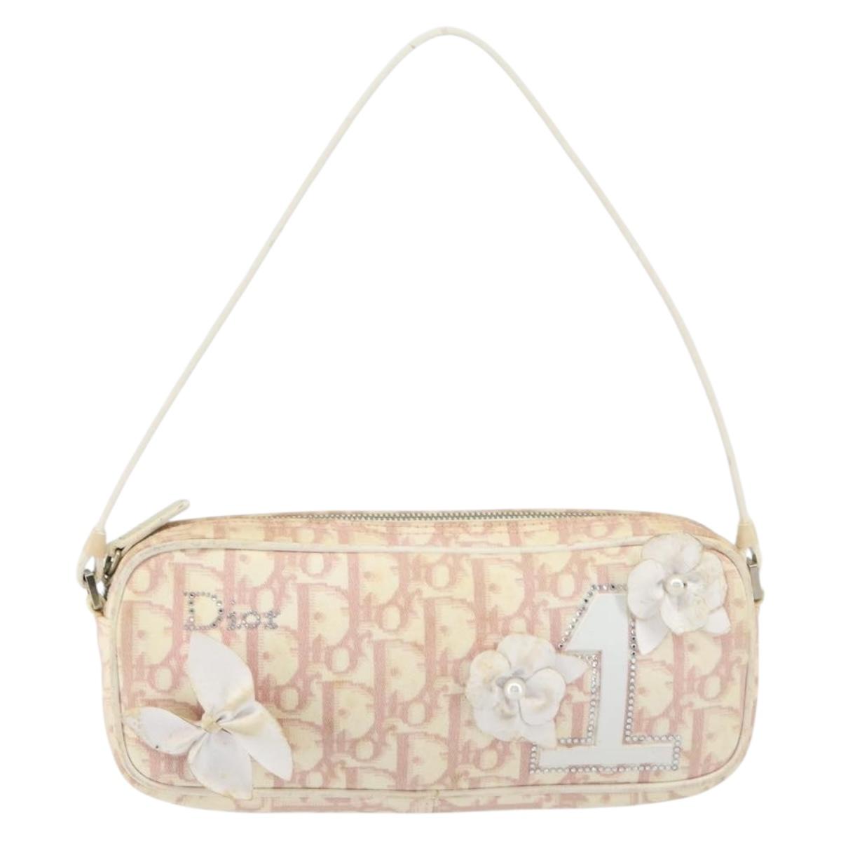 Christian Dior Trotter Canvas Shoulder Bag Pink Silver Auth 148874