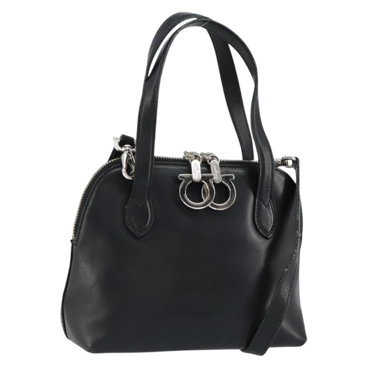 Salvatore Ferragamo Gancini Hand Bag Leather 2way Silver Black Auth 148888