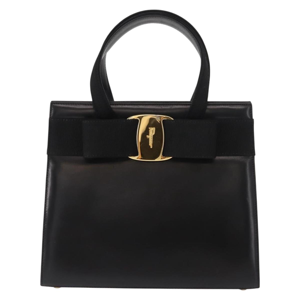 Salvatore Ferragamo Vala Hand Bag Leather Black Gold Auth 148890