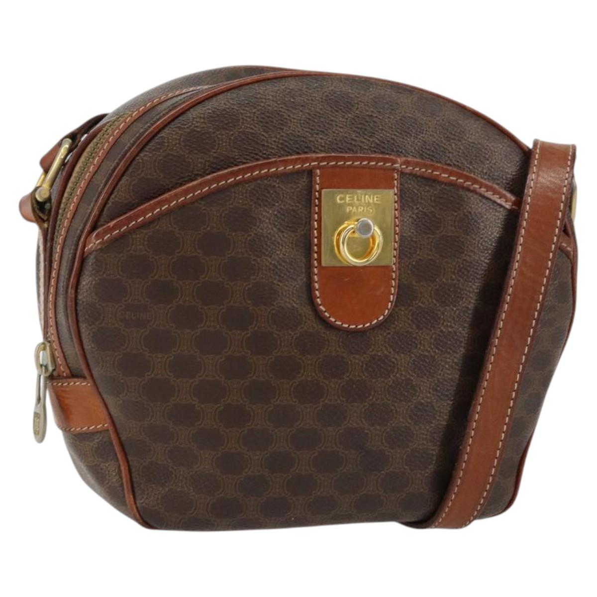 CELINE Macadam Canvas Shoulder Bag PVC Leather Brown Gold Auth 148899