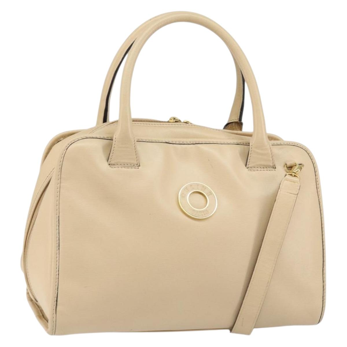 CELINE Circle Hand Bag Leather 2way Beige Gold Auth 148905