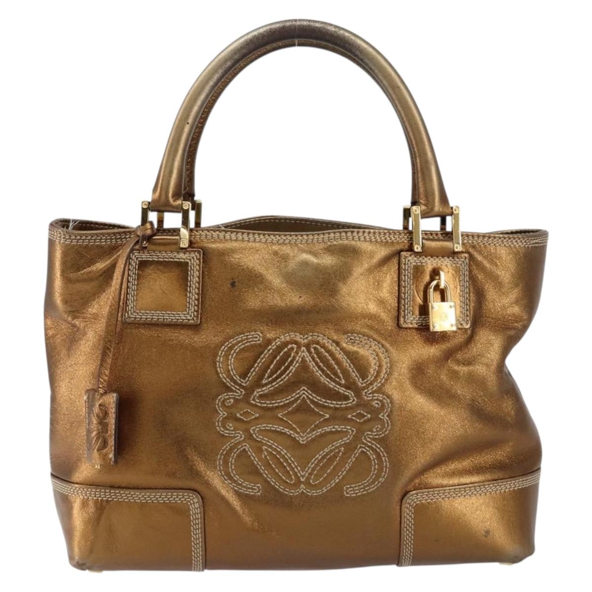LOEWE Anagram Justa Hand Bag Leather Bronze Gold Auth 148910