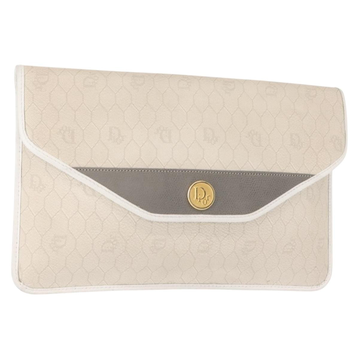 Christian Dior Honeycomb Canvas Clutch Bag PVC Leather White Gold Auth 148952