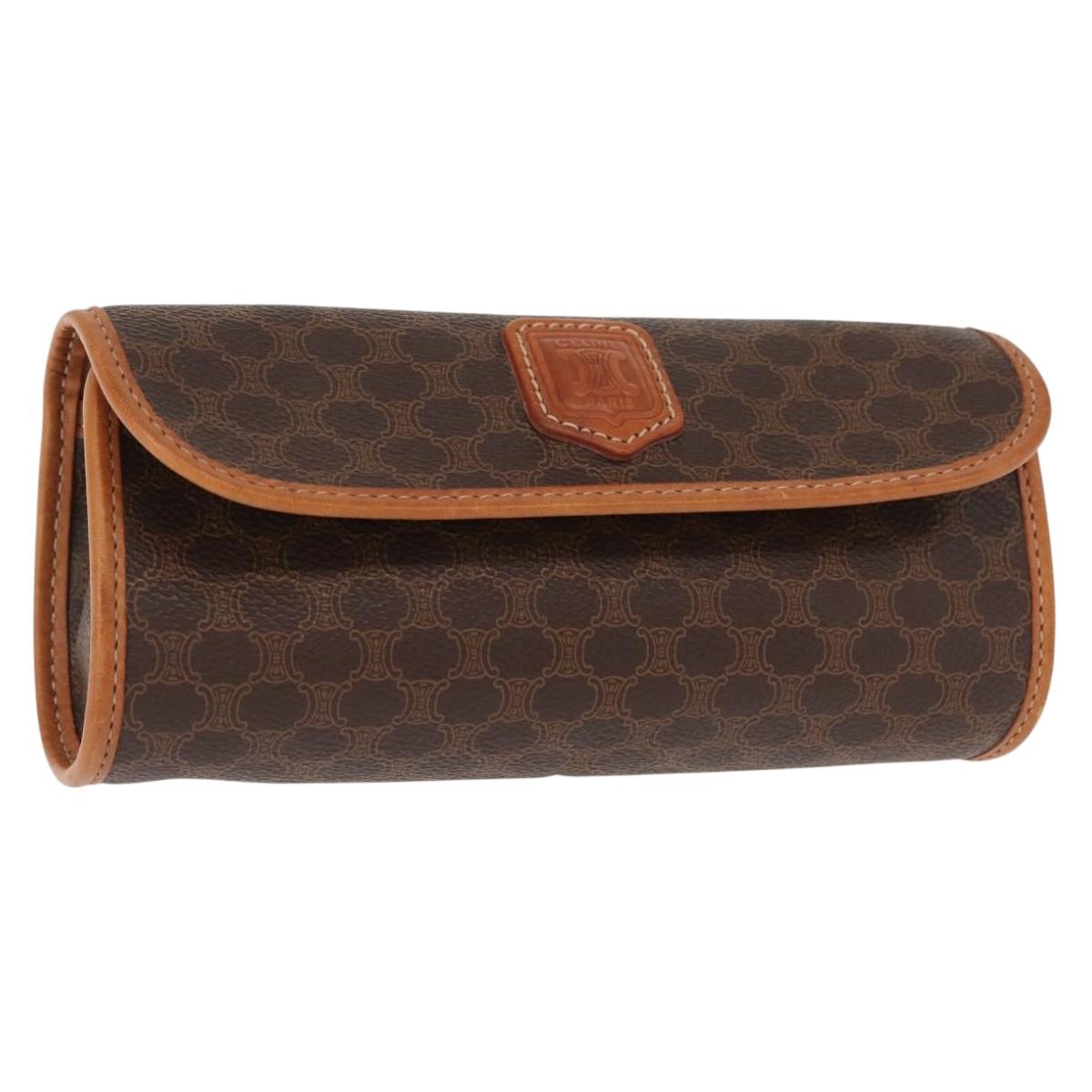 CELINE Macadam Canvas Pouch PVC Leather Brown Auth 148953
